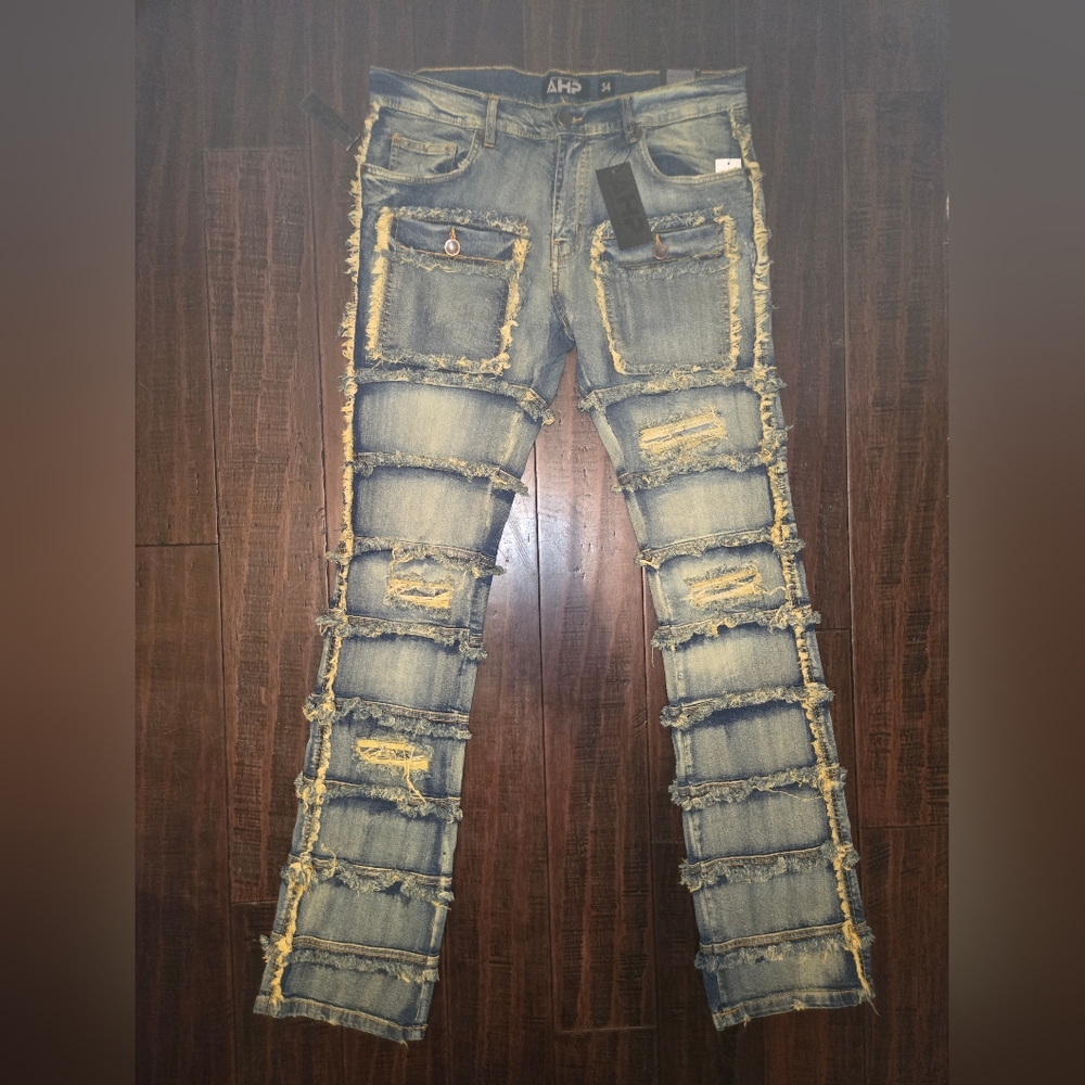 AHP Blue and Tan Jeans with Distressed Design with Flare Legs sz 34x36